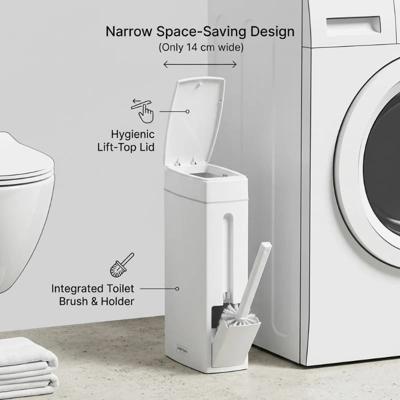 Cestino per Rifiuti da Bagno con Scopino, Salvaspazio per Piccoli Bagni, Contenitore per Spazzatura con Coperchio, Accessorio per la Casa