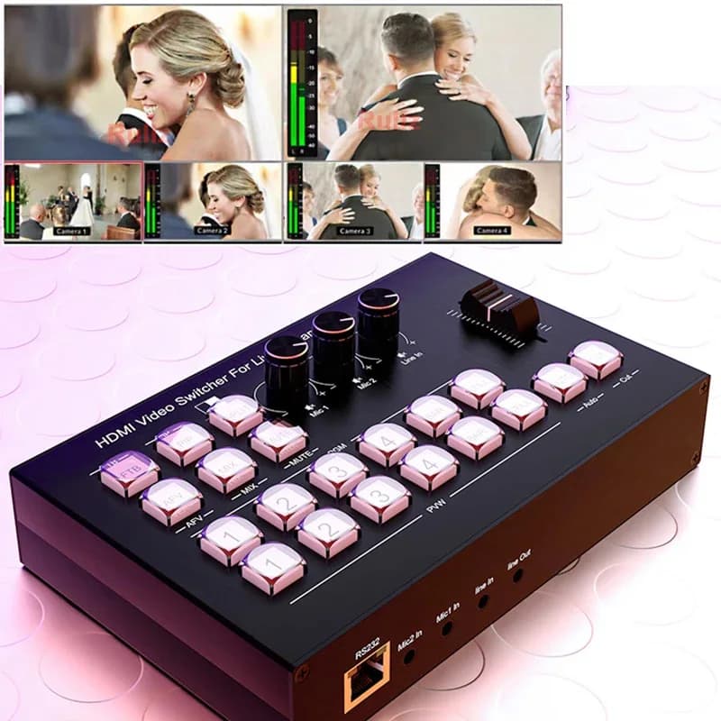 Switcher mixer video 4K 4 CH HDMI Multi camera Streaming Live production Transmission station Support Video acquisition Record PIP