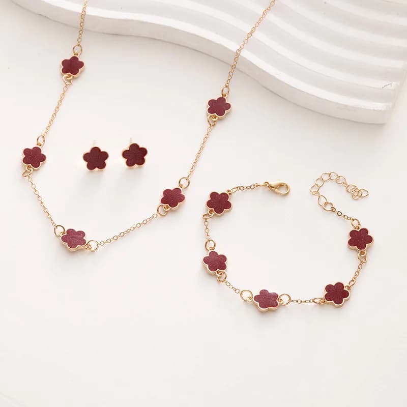 Set di braccialetti di fiori di lusso leggeri da 3 pezzi per le donne collana di orecchini di trifoglio a cinque foglie fortunati di moda gioielli per feste di amicizia