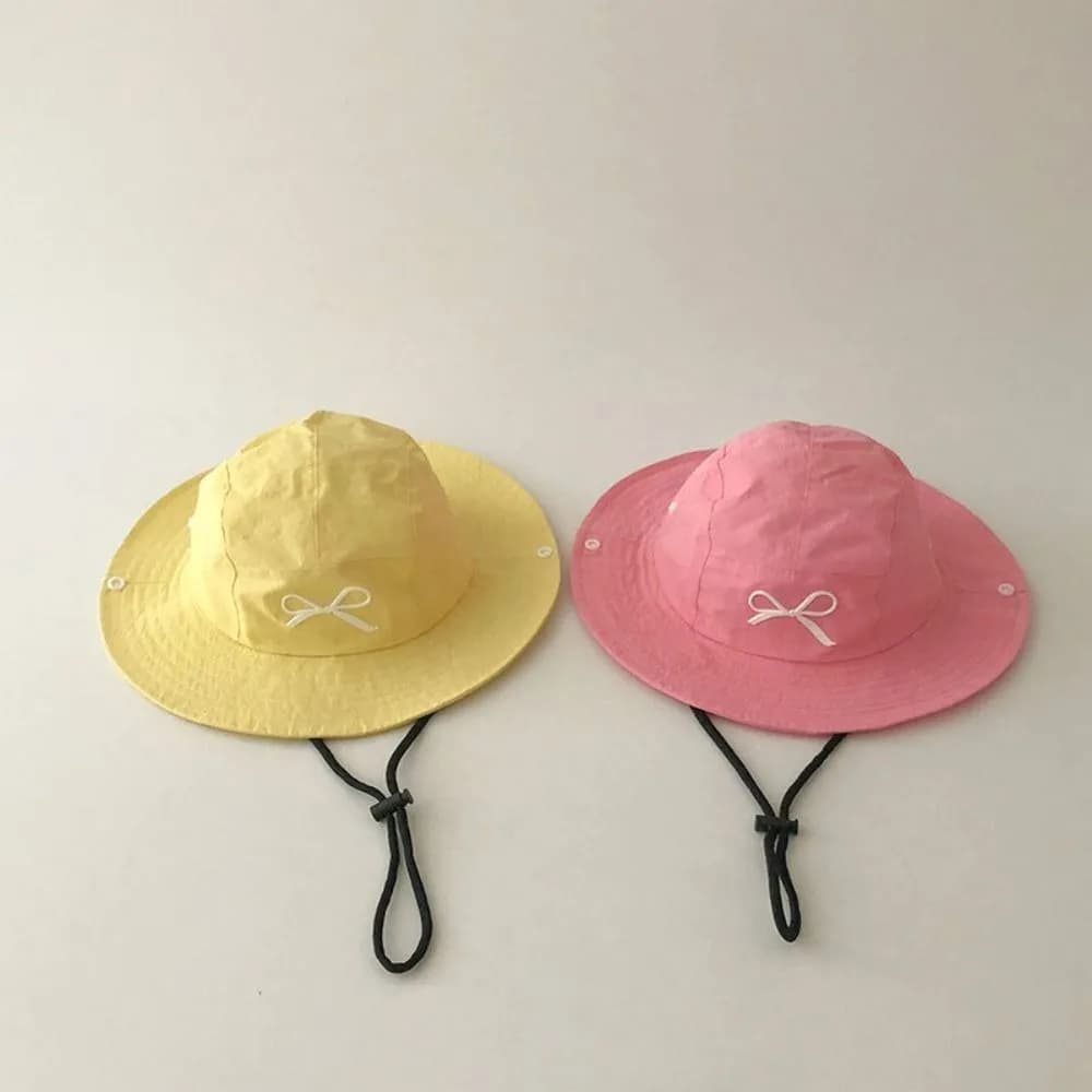 Bow Embroidery Children's Fisherman Hat Anti-UV with Windbreak Rope Beach Hat Candy Color Quick-drying Bucket Cap for Girls Boys
