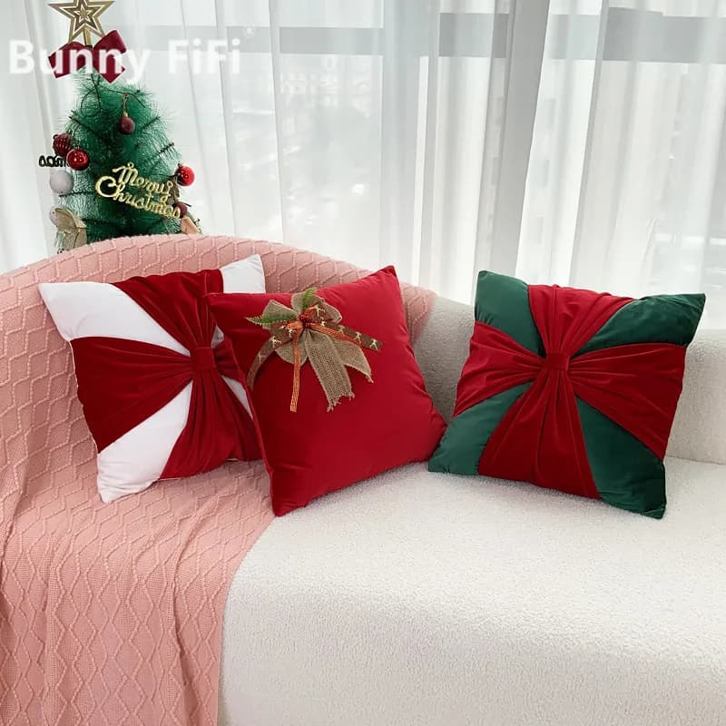 Fodere per cuscini con fiocchi 3D rossi verdi di Natale Federe per cuscini decorativi natalizi in velluto per decorazioni per divani letto per la casa delle vacanze invernali