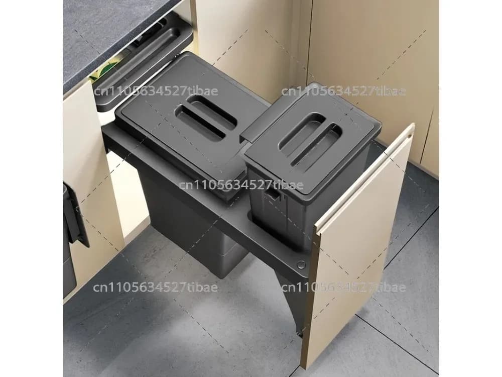 Integrated Kitchen Trash Can Base Drawer - Hidden Pull out Recycling Bin for under Sink Compact Garbage Disposal System