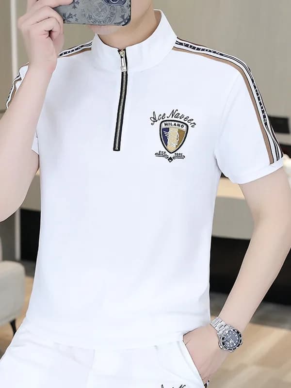 Men's Short Sleeve T-Shirt Casual Slim Fit Fashionable Half Zipper Stand Collar Summer Versatile Base Shirt Leisure Top