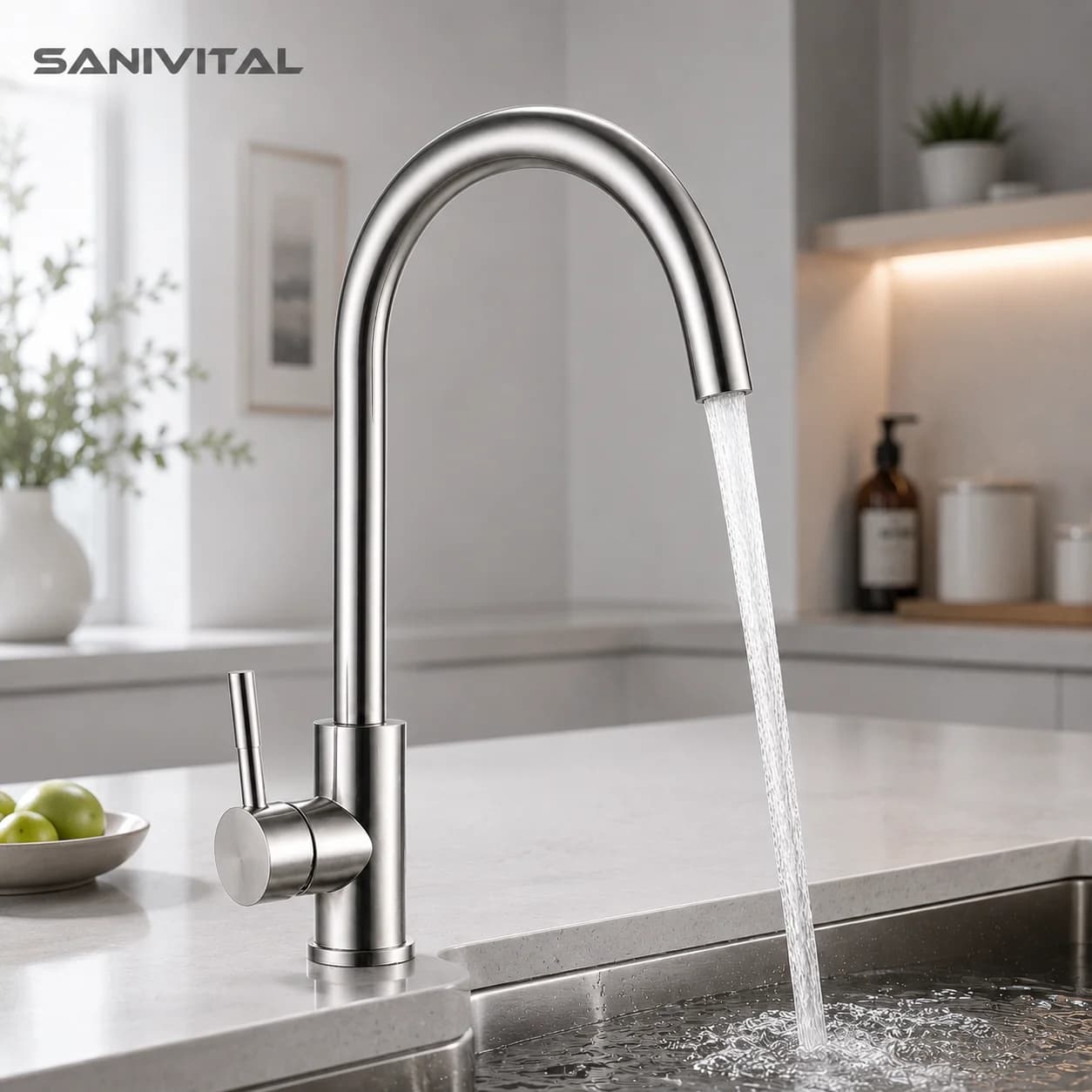 SANIVITAL 304 Stainless Steel Kitchen Faucet High Arc Gooseneck Sink Mixer Tap Single Handle Hot Cold Water 360° Swivel