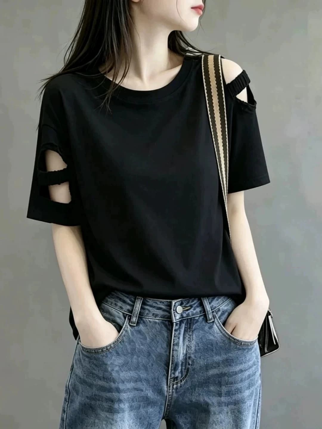 Pure Cotton Black Hollow out Shoulder Short Sleeve T-Shirt Women Summer plus Size Conceal Belly Design Casual Top