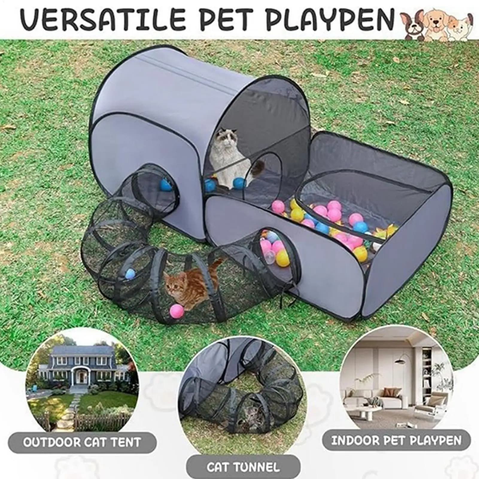 2027 Foldable Cat Tent With Tunnel Breathable Polyester Cat Cage Indoor Outdoor Playpens For Cats & Small Dogs