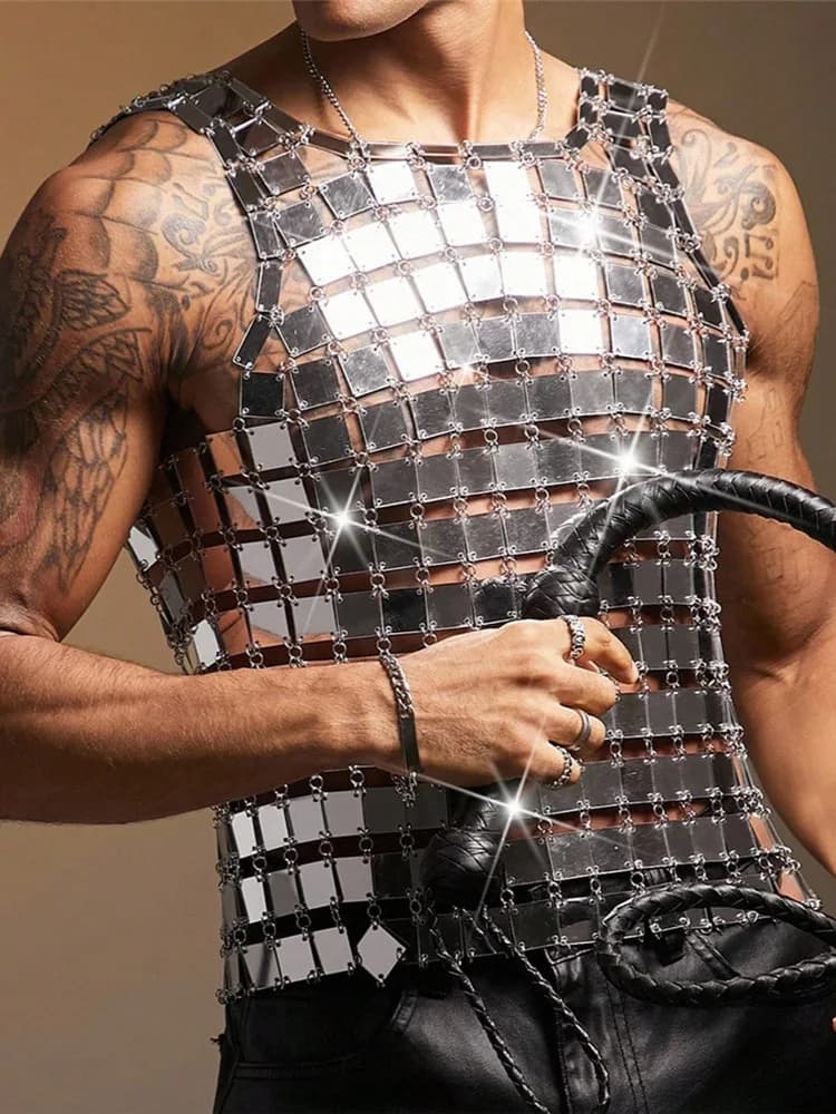 Gilet da uomo nuovo Gilet a specchio acrilico Top trasparenti sexy Abbigliamento da prestazione per feste Gilet a rete raccolto aderente Rave
