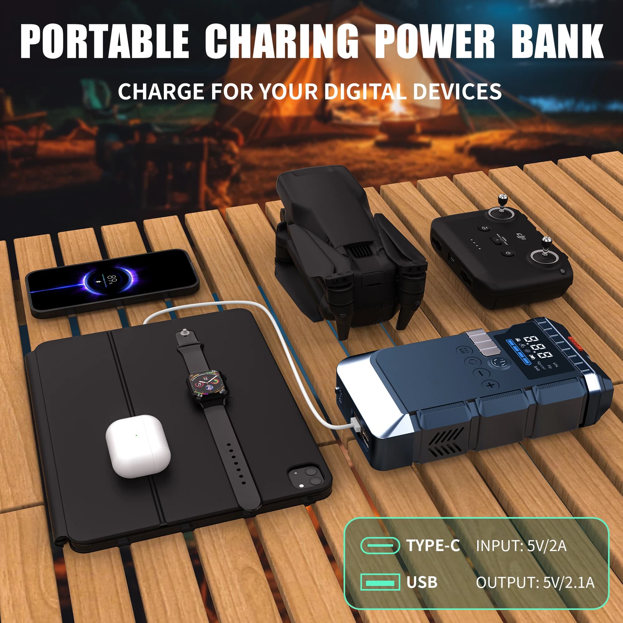 Avviatore di Emergenza per Auto ad Alta Potenza 5000A, Power Bank 20000mAh con Gonfiatore Pneumatici per Camion e Auto