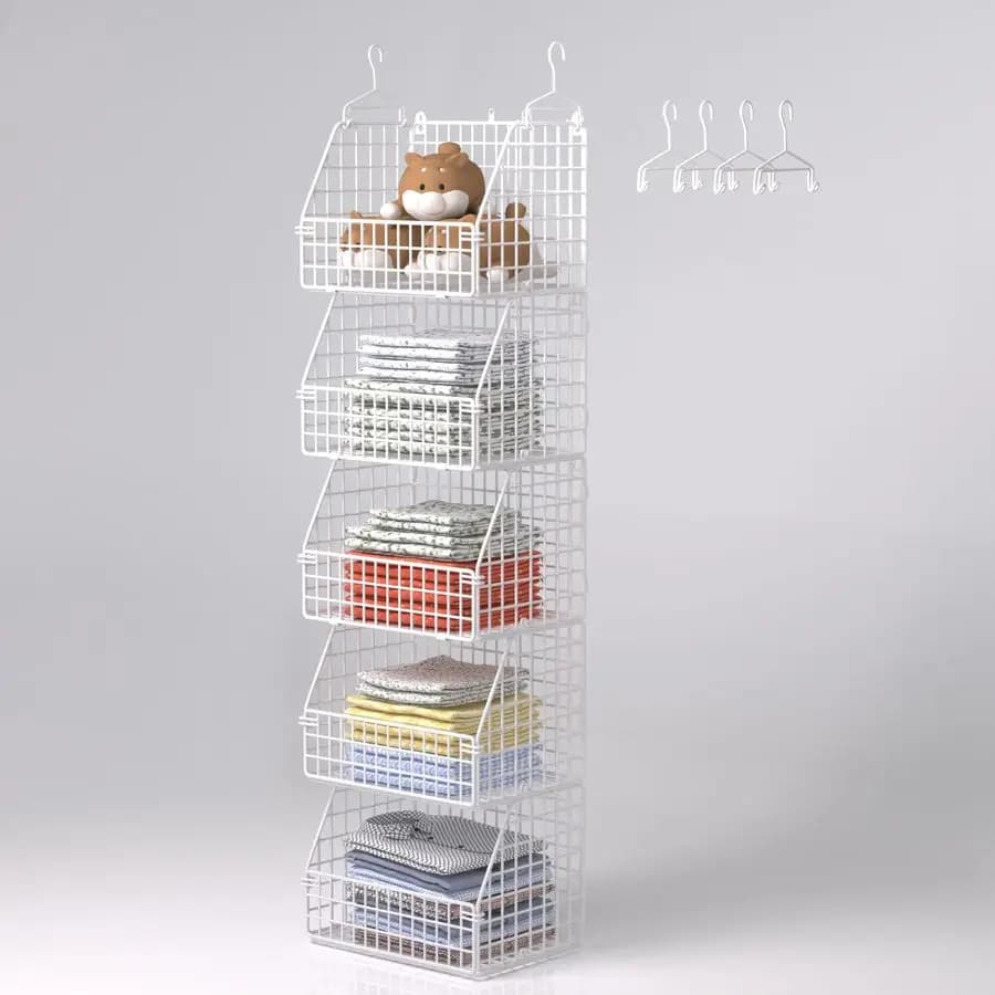 Organizer and Container Hanging for Wardrobe, Shelves Dresses with Baskets in Metallic Wire for Dresses, Sweaters, Bags, Shoes, White, 5 Ti