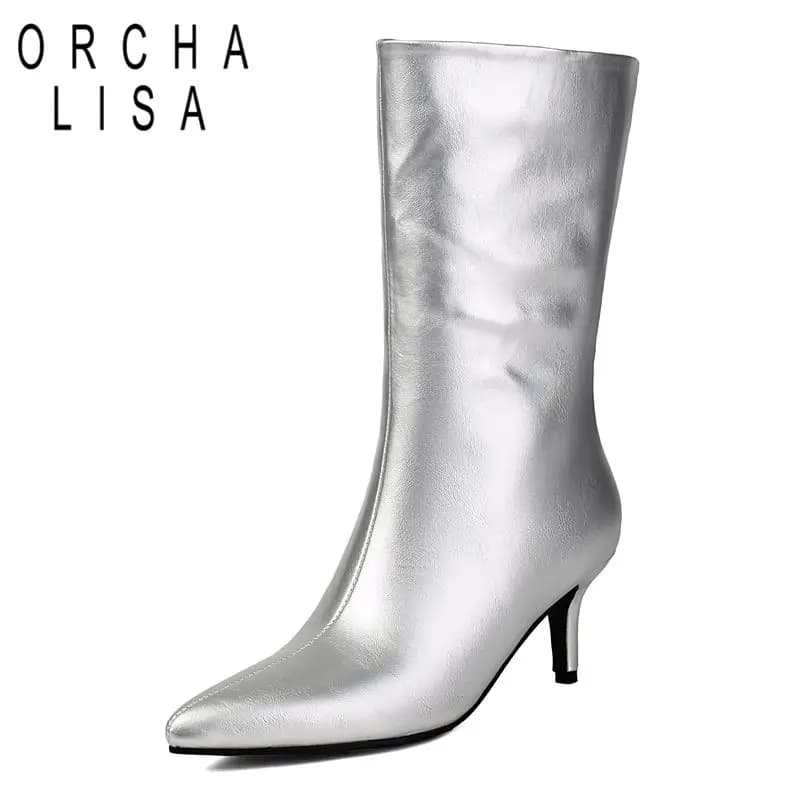 ORCHA LISA Hot Shiny Female Mid Calf Boots Pointed Toe 6.5cm Small Heels Side Zip Large Size 44 45 46 Leisure Bota Silver Autumn