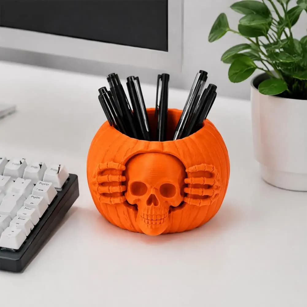 Autumn Desktop Decor Accessories Halloween Pumpkin Desk Organizer Halloween Skull Pumpkin Pen Holder Spooky Pencil Cup for Party