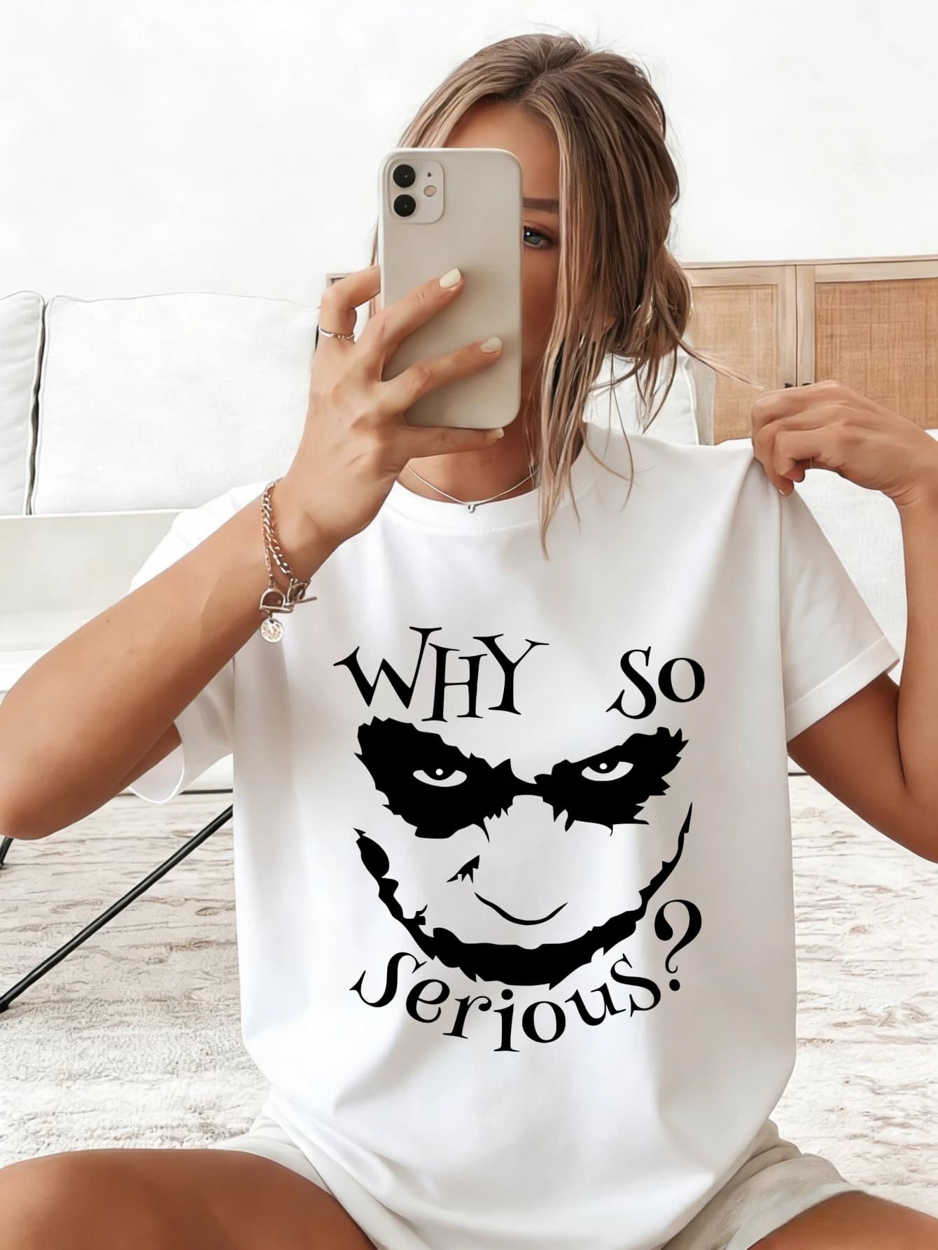 T-shirt da donna in cotone oversize con stampa grafica divertente 'WHY SO SERIOUS', casual estiva a maniche corte, regalo per lei