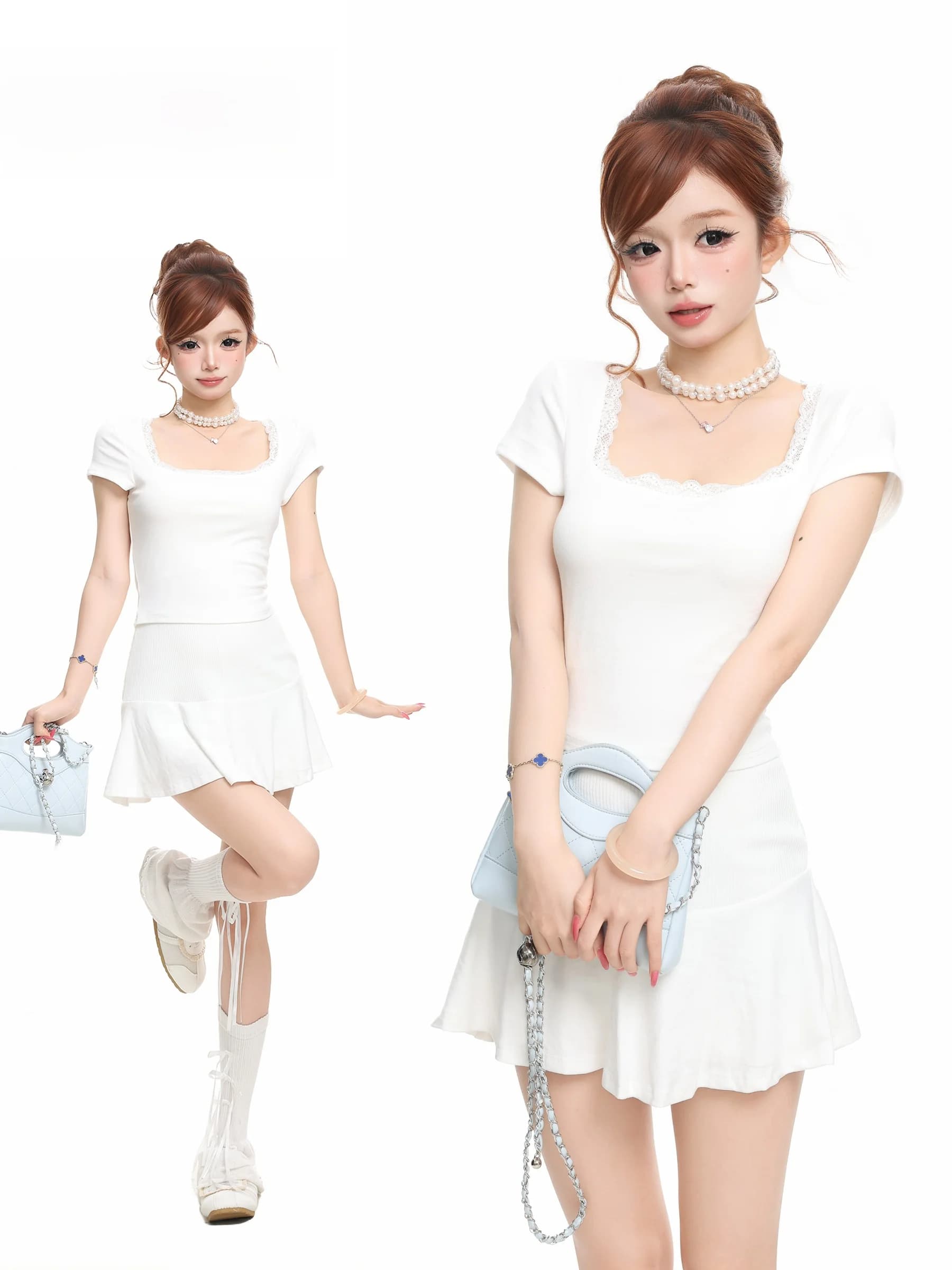 BASTERDS Pure Desire Sexy Lace Shoulder Banded A-Line Pleated Short Skirt And T-Shirt Two-Piece Set Breathable Cotton Summer ...