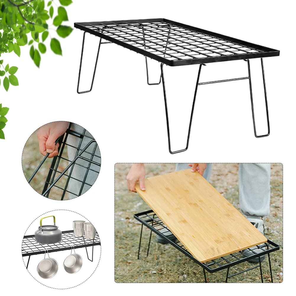 Folding Iron Net Table with Table Board & Bag Campfire Grill Table Multifunctional Camping Cooking Rack for Outdoor Barbecue