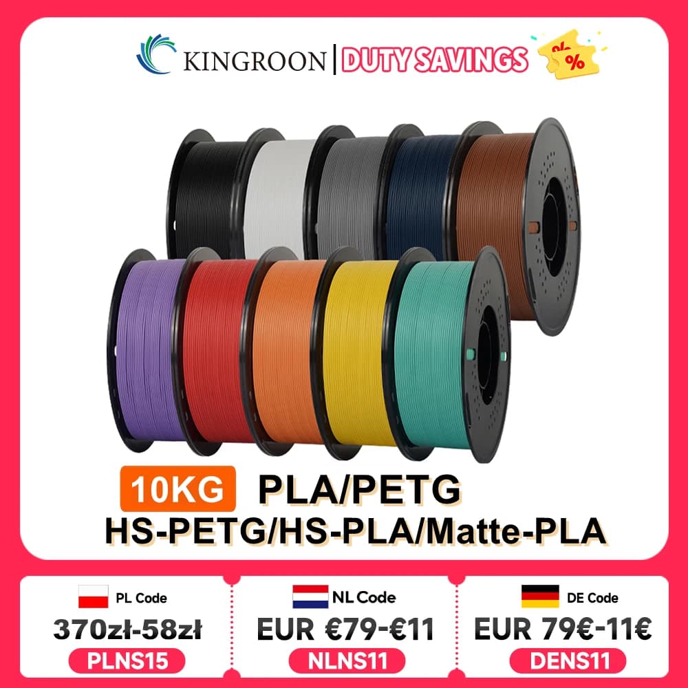 KINGROON 10KG(22LBS) PLA PETG HS-PLA HS-PETG Filament 1.75mm High Speed 3D Printer Material Matte PLA 1kg*10 Roll Mix Color