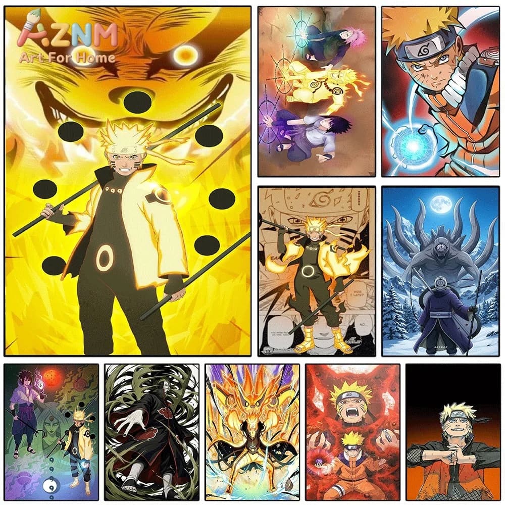 AZNM Naruto Uzumaki Six Paths Mode Golden Glow Canvas Wall Print, Japanese Anime Nine‑Tailed Fox Power Dynamic Character