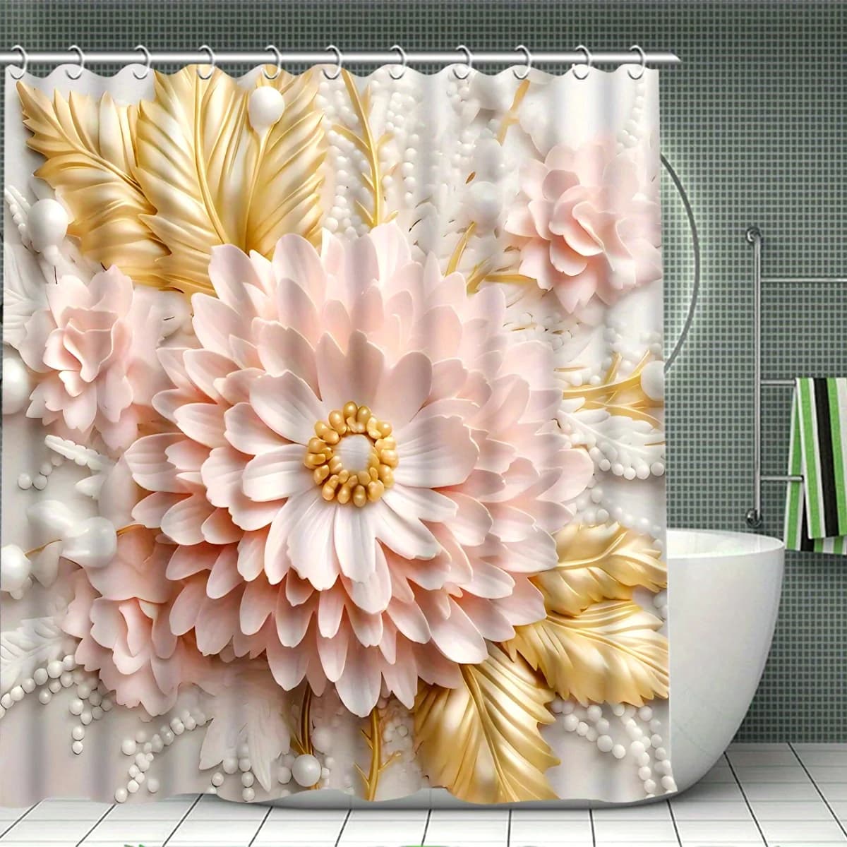Tenda da doccia impermeabile resistente al muffa con foglie floreali rosa e dorate 3D - Design lussuoso per un elegante arredamento da bagno