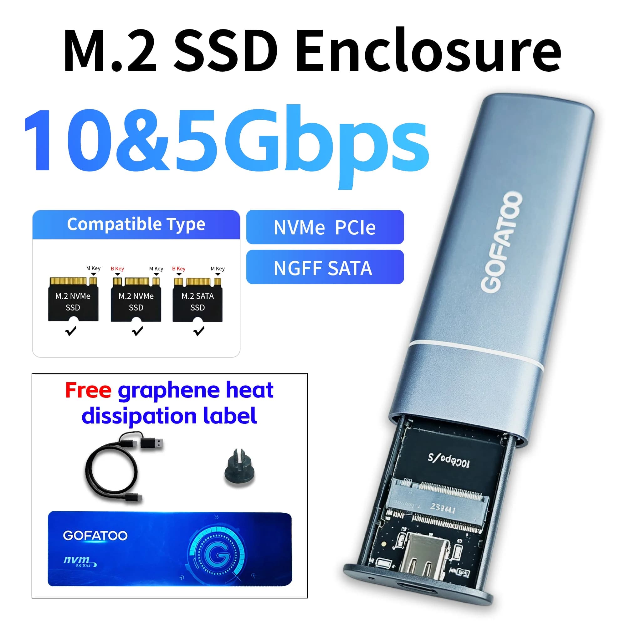 GOFATOO 10Gbps USB3.2 Dual Interface USB‑C USB‑A M.2 NVMe SATA SSD Enclosure, M‑Key B&M‑Key External SSD Case Up to 6TB