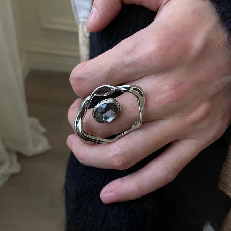 Anello grande aperto con strass, dito con ciondolo, anello twist geometrico in argento, semplice anello da donna con iperbole, gioielli da festa