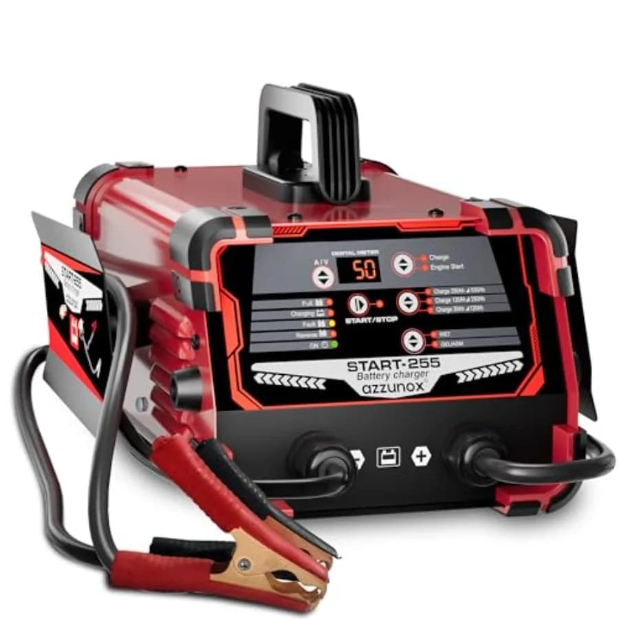 Caricabatterie e Avviatore d'Emergenza per Auto 12V 24V, Mantenitore Automatico di Carica 0-50A, Avviatore d'Emergenza 250 Ampere e Triciclo Intelligente