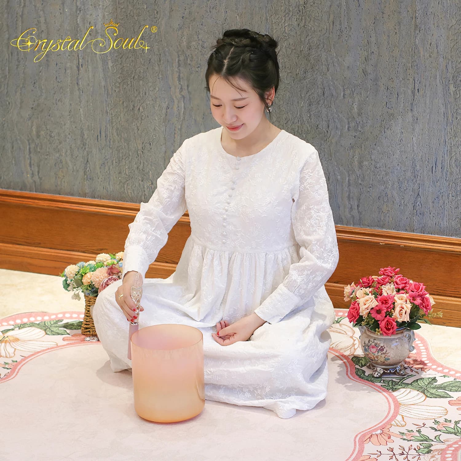 Crystal Soul 6.6 Inch 432Hz D Warm Orange Gradient Gold Crystal Singing Bowl for Sound Healing Manufacturer Direct Delivery