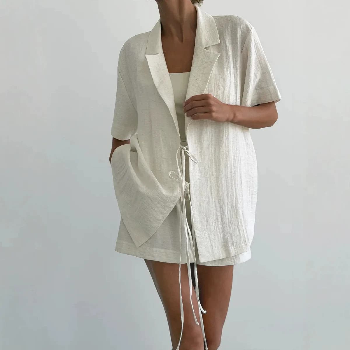 Summer New Lazy Style Shirt Shorts Set Women High Waist Pure Color Three Quarter Sleeve Turn down Collar Knot Design Fashion Set