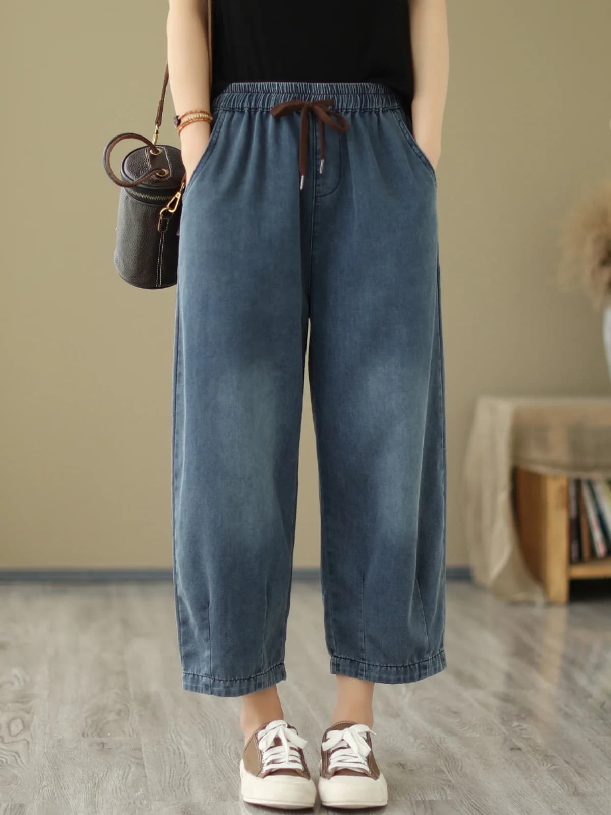 Jeans a Vita Alta e Gamba Dritta per Donna, Pantaloni Casual Larghi a Tre Quarti, Stile Vintage con Elastico in Vita, Jeans Estivi Leggeri