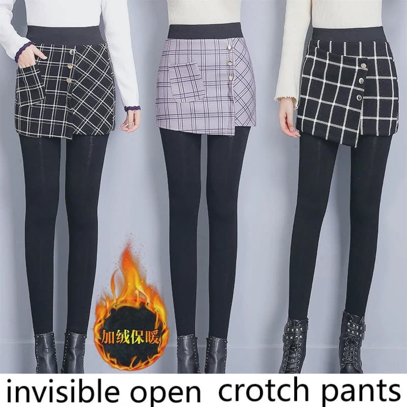 Invisible Crotch Pants Autumn and Winter with Skirt Velvet Thickened Black Fake Two Leggings Female Couples Dating Convenient
