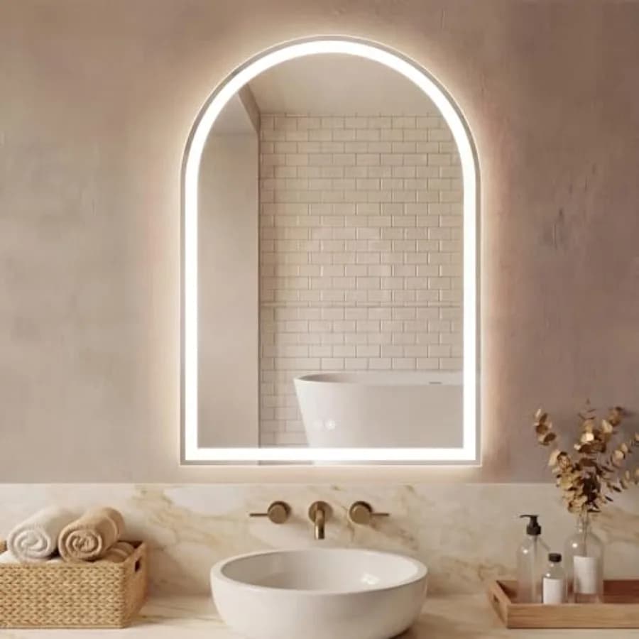 Specchio LED da Bagno Retroilluminato 28"×36" con Luci, Specchio da Toeletta Arcuato Antiappannamento con Luce Dimmerabile a 3 Colori e Funzione Memoria Temperatura