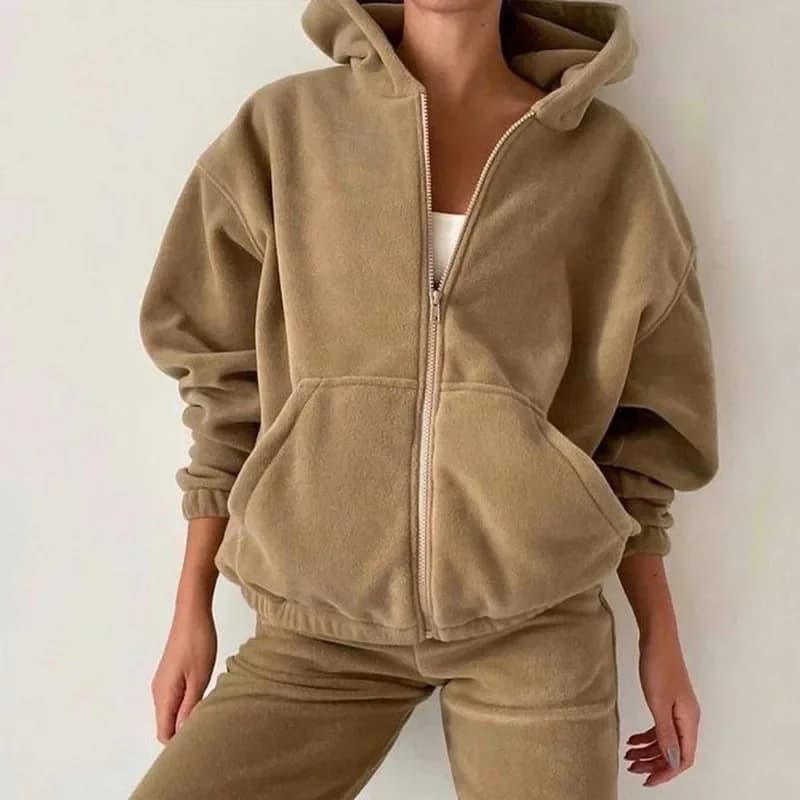 Tuta da donna Autunno Inverno in pile Set da due pezzi Elegante solido oversize caldo con cappuccio + pantaloni lunghi Tuta sportiva Ensemble Femme