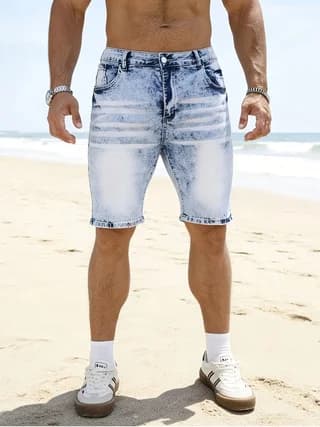 Nuovi Shorts in Denim Elasticizzato da Uomo, con Motivo a Fiocchi di Neve e Tasche, Tie-Dye Blu e Bianco, Casual e alla Moda, Versatili, Blu Chiaro, Jeans a Cinque Tasche