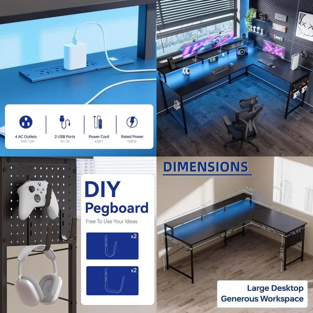 Scrivania da Gaming a L da 64 Pollici con Alimentazione e LED, Grande Scrivania per PC con Supporto Monitor, Nera per Ufficio Domestico e Camera da Letto
