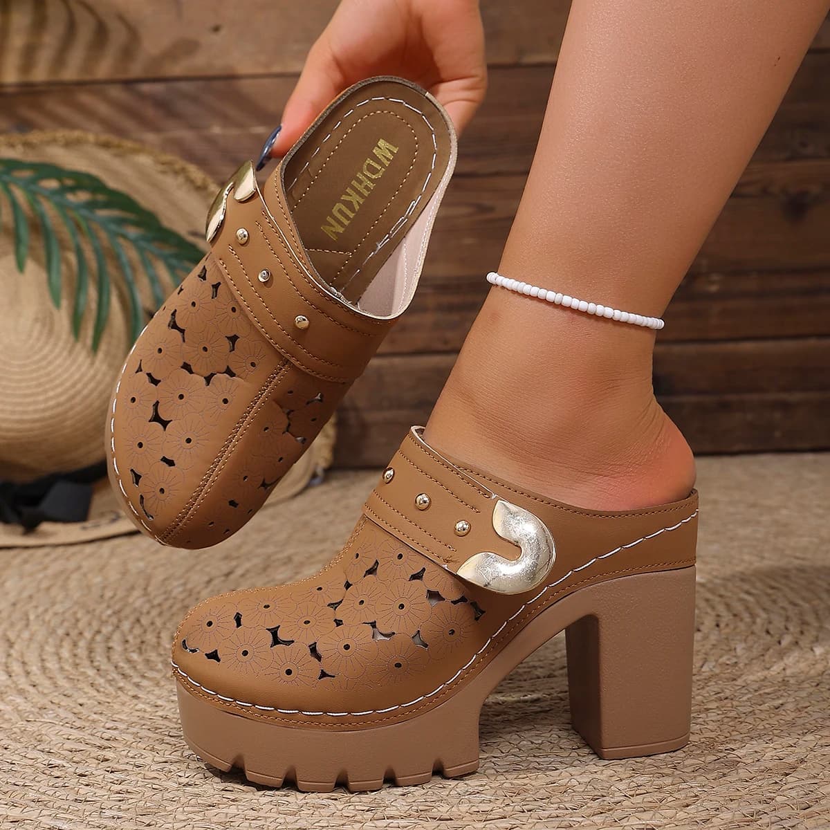 Women Sandals Summer Round Toe Shoes Peep Toe Platform Sandals Slip on High Heels Slippers Women Solid Anti Slip Shoes Women