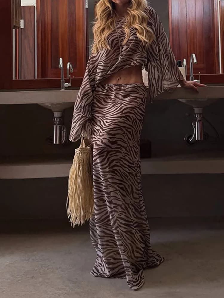 Long Sleeve Loose Top High Waist Slim Maxi Pencil Skirt Boho Suit Women Zebra Print 2 Piece Set New Holiday Casual Co ord Outfit