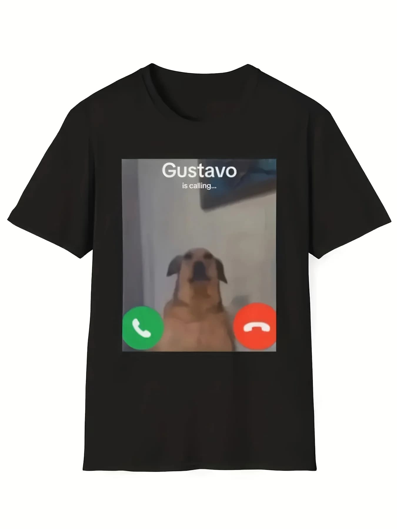 T-shirt with funny joke on the Gustavo dog's lathrace for adults, an interesting t-shirt with cartoon theme graphics, black, casual, short sleeves