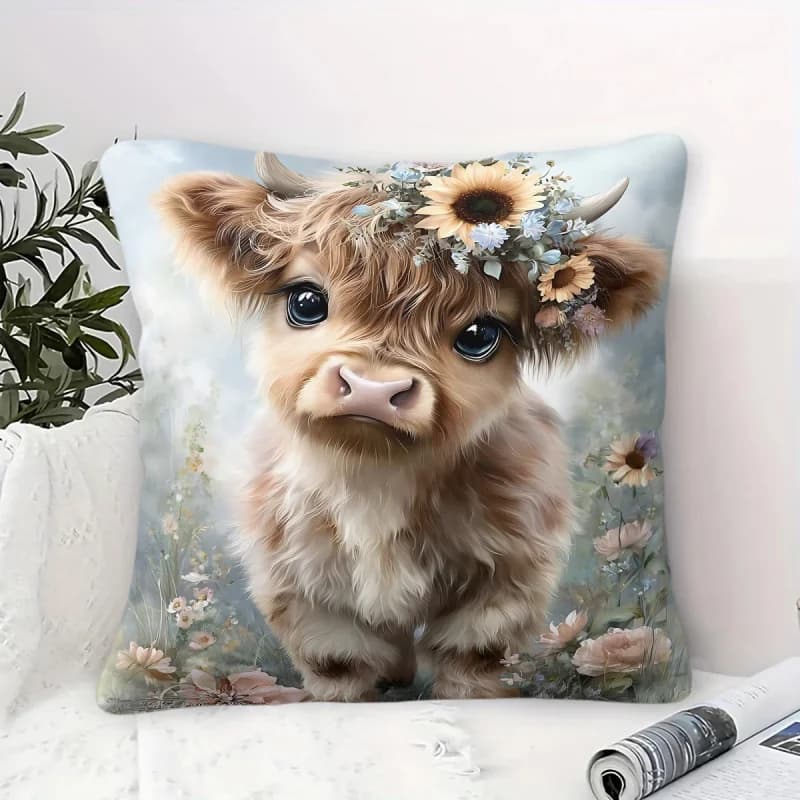 Cuscino Decorativo Boho con Motivi Floreali e Mucche, 45x45cm, Federa Stampata 2D per Divano Soggiorno, Arredamento Rustico Stile Fattoria