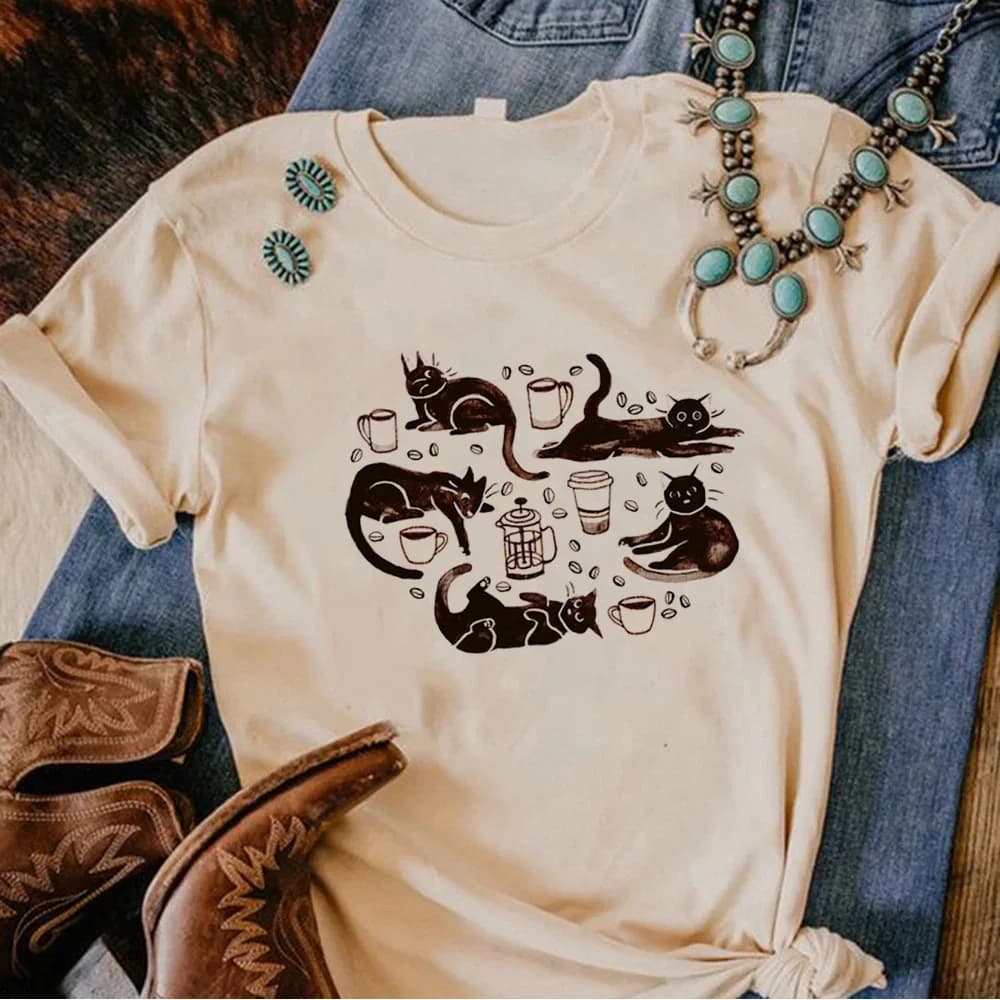 Divertente gatto maglietta ragazza anime hip hop estetica camicia psichedelica cultura pop anime anni '80 harajuku estetica anni 2000