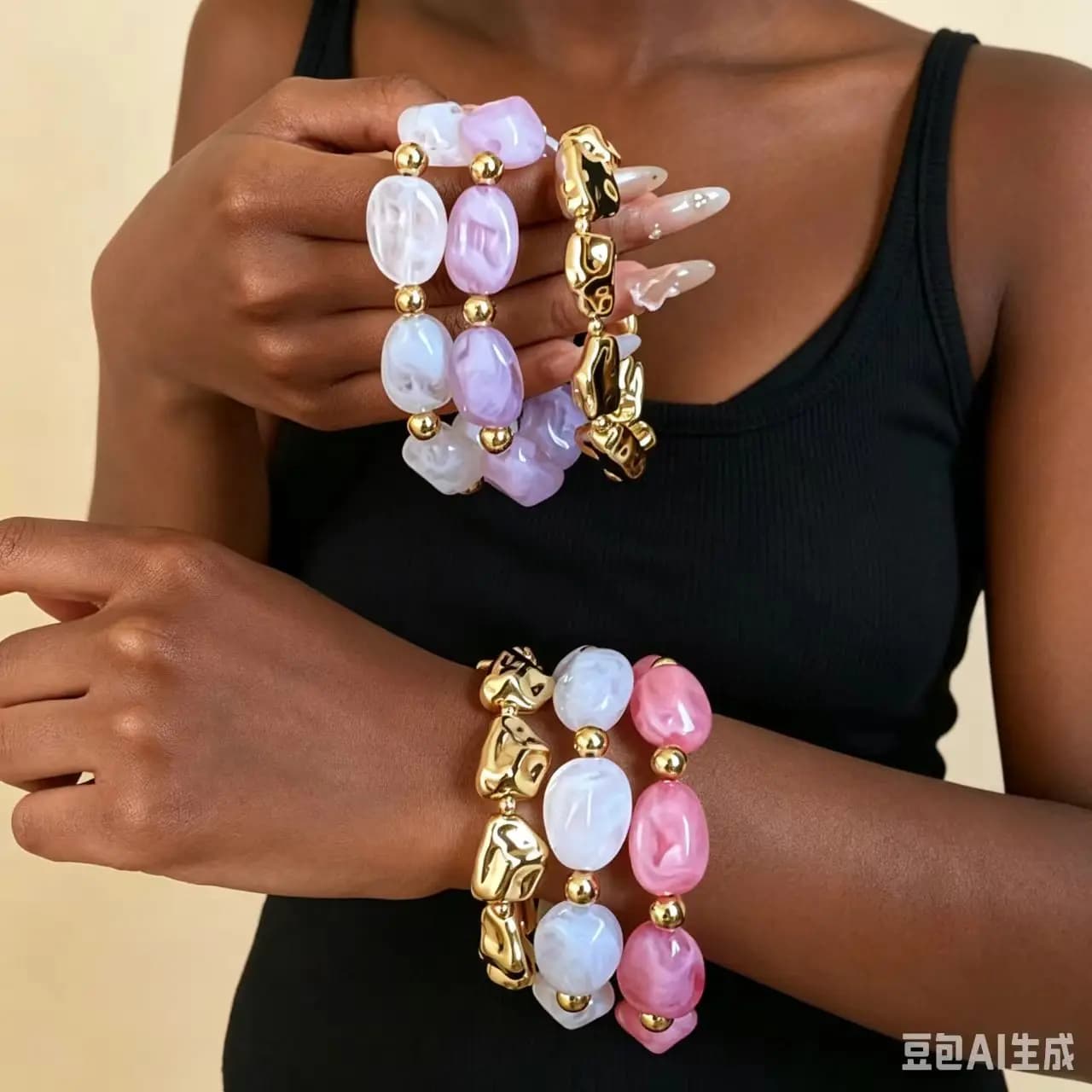 3PCS Stackable Beaded Bracelet Set Irregular Resin Stone & Gold‑Metal Bead Stretch Bangle Dopamine Trendy Women Daily Hand
