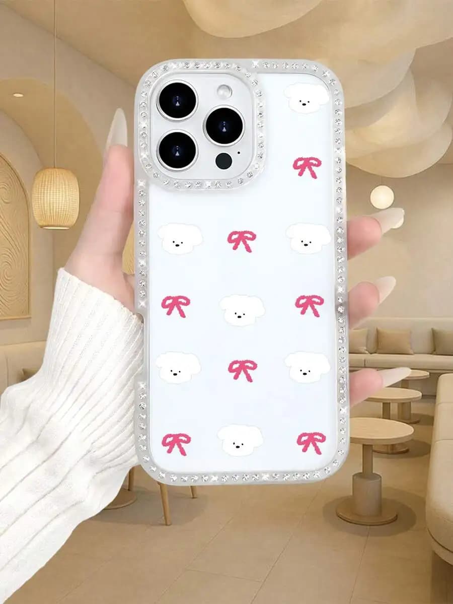 Fluffy White Puppies With Pink Bows Pattern Phone Case Rhinestone Edge Soft Protective Cover For iPhone 15 14 13 12 11 Pro Max