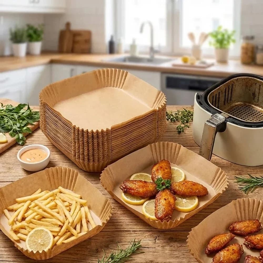 50/100 Pezzi Fogli di Carta da Forno Monouso per Friggitrice ad Aria, Antiaderenti, Impermeabili, Resistenti al Calore, Quadrati, per Cucina