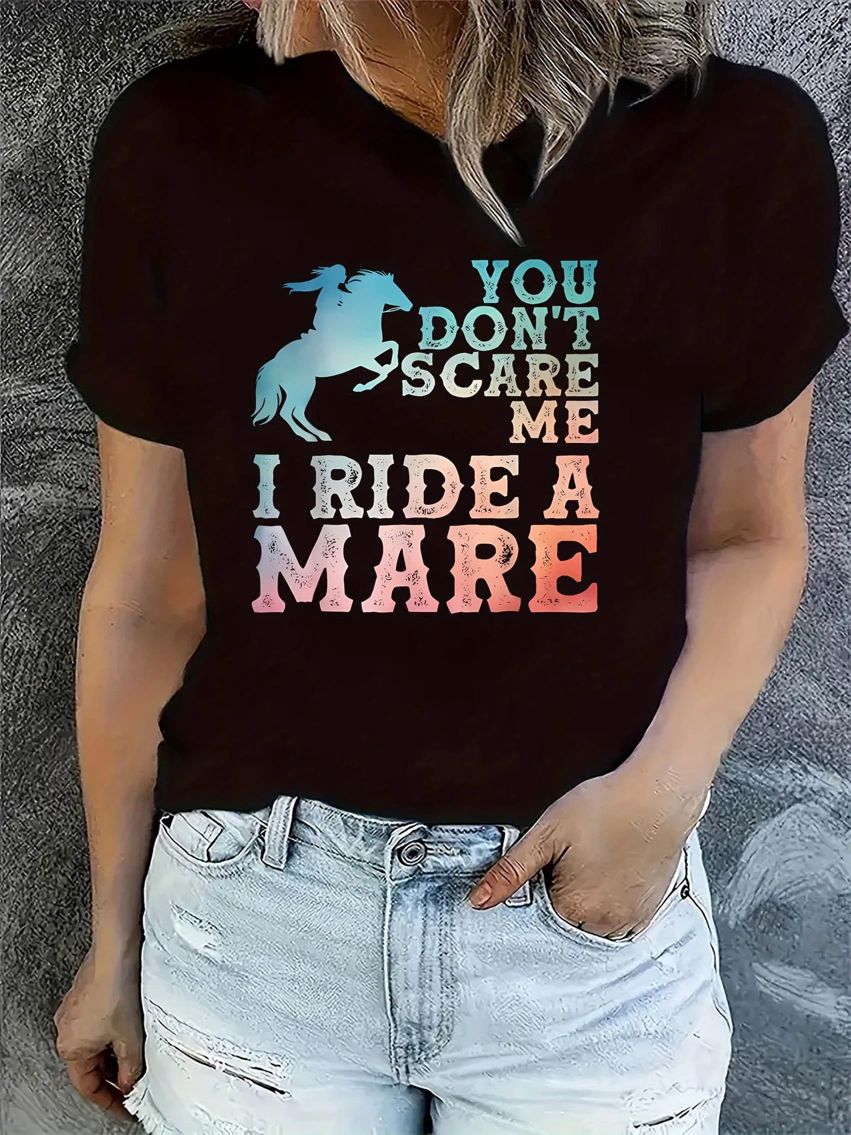 T-shirt casual in poliestere da donna 1 pezzo con grafica silhouette di cavallo, girocollo, manica corta, comodo top estivo