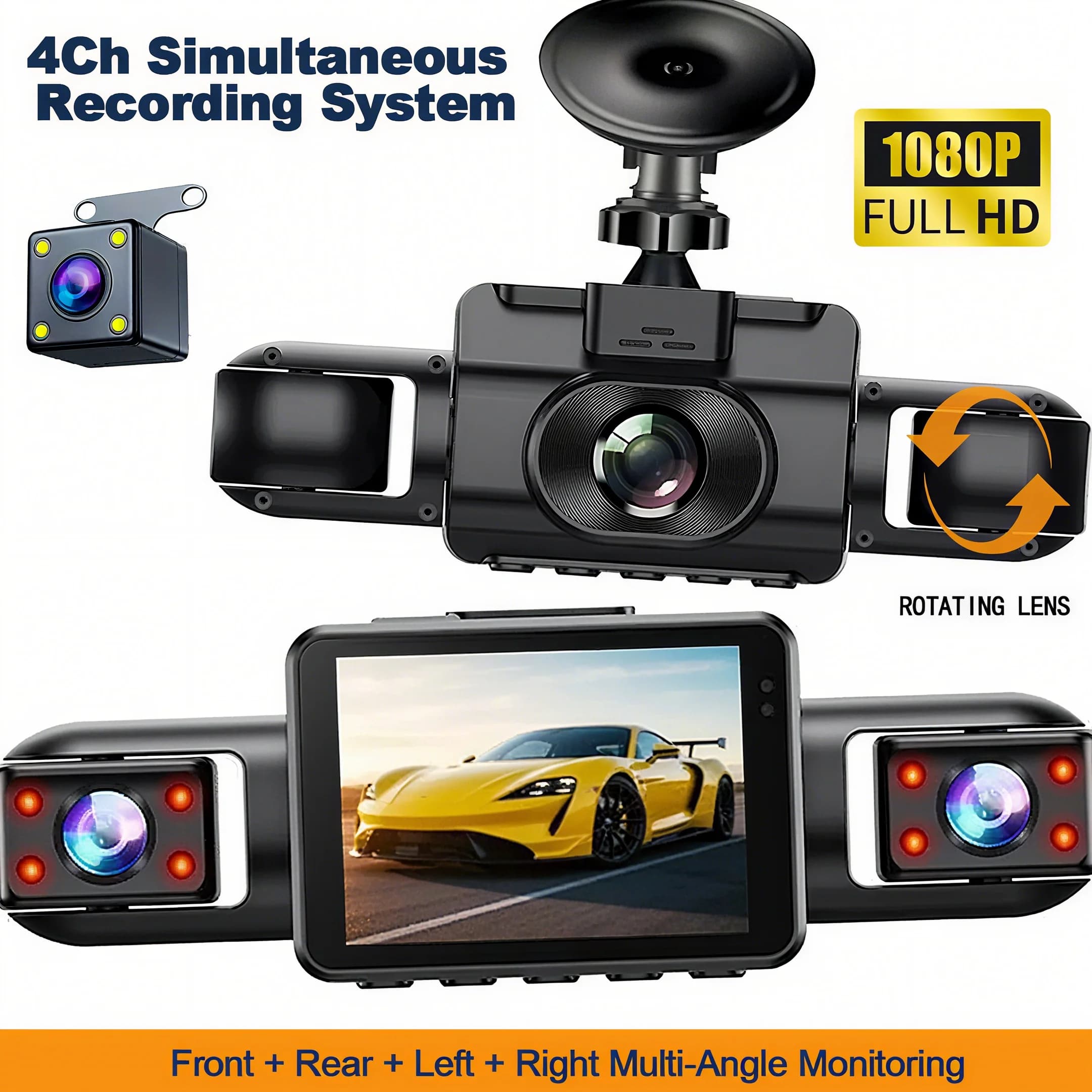 Dash Cam 1080P 3/4 Telecamera W IR Visione notturna Registrazione in loop Anteriore all'interno Telecamera posteriore DVR registratore videoregistratore Veicolo DVR