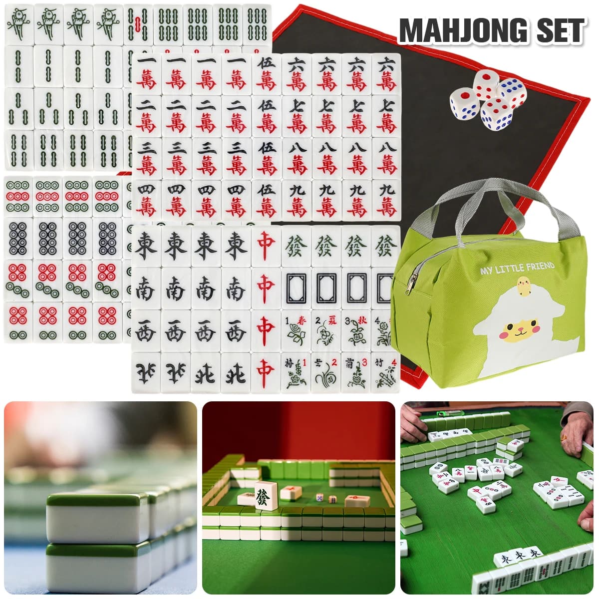 Kit di 144 Mini Tessere Mahjong, Set Portatile del Gioco Cinese con Tappetino e Borsa per il Tempo Libero in Famiglia e Viaggi