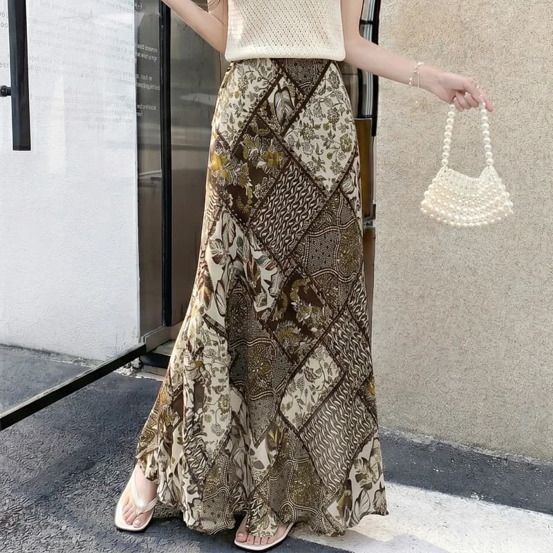 Seoulish Vintage Chiffon Printed Women's Skirt 2026 Summer New Office Lady Style High Waist Mid Length A-line Casual Skirts