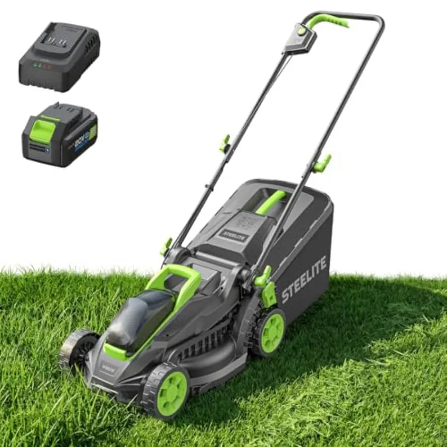 Tagliaerba Elettrico a Batteria 21V da 13 Pollici Senza Spazzole, con Batteria da 4.0Ah e Caricabatterie, Regolazione Altezza a 5 Livelli, Funzione Mulching