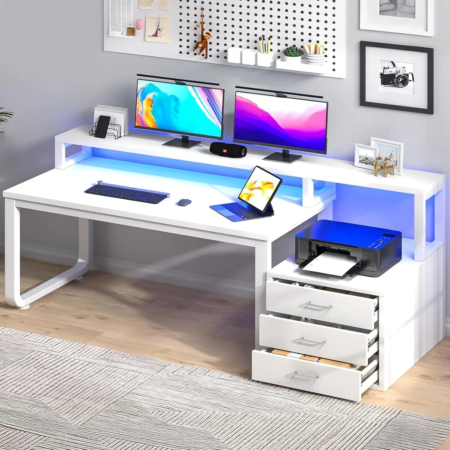 67" White Desk with 3 Drawers and LED Lights, Reversible Computer Desk with Moniter Stand and Printer Shelf, Home, Customized