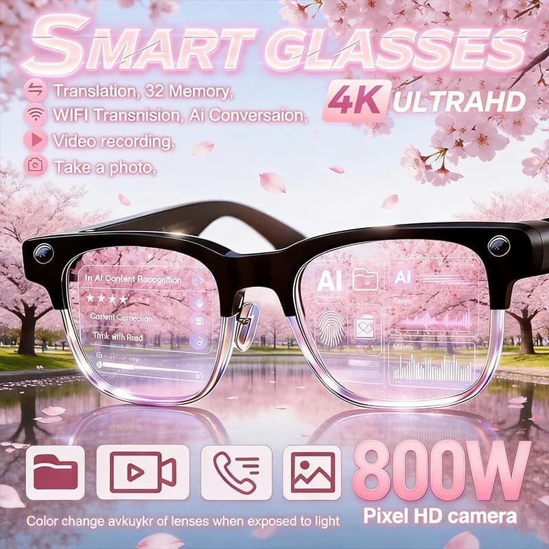 Nuovi Occhiali Smart AI 2026 con Fotocamera da 800W, Registrazione Video 1080P, Traduzione ChatGPT in oltre 100 Lingue, Chiamate e Musica, per Uomo e Donna
