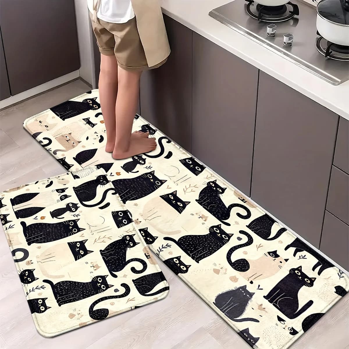 VIKAMA Tappeto da cucina bianco gatto nero Tappeto lungo Tappetino impermeabile per camera da letto Tappeto per soggiorno Tappeto per lavanderia
