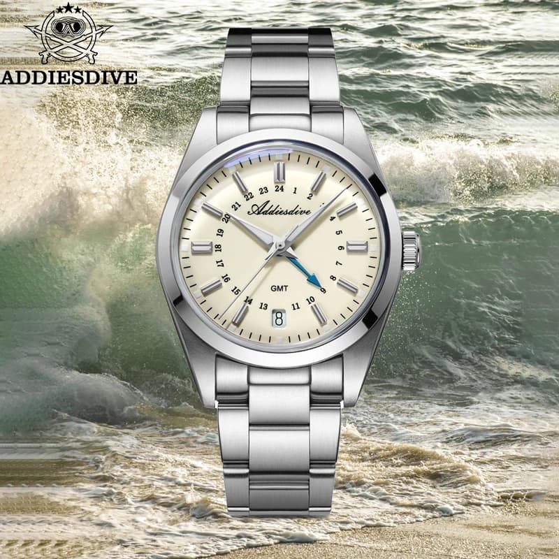 ADDIESDIVE GMT Men's Luxury Analog Watch with Bubble Glass 36mm, Quartz Super Luminous Watch 100m, Men's Steel Watch for Business, Men's Gift