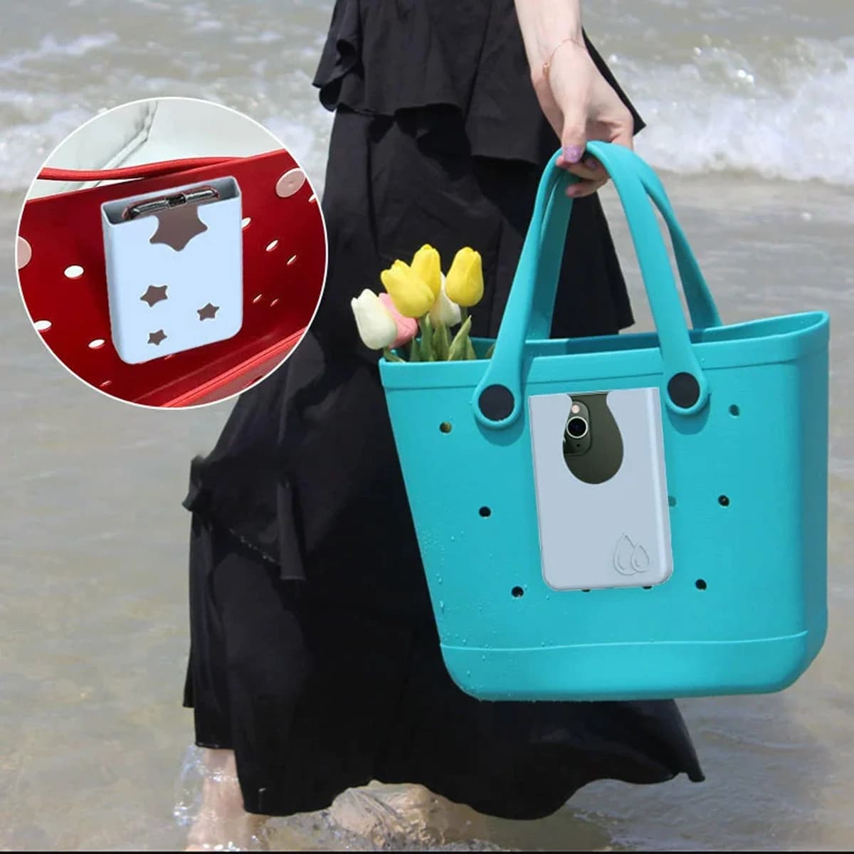 This multi-functional silicone beach bag is a portable storage tote that can hold everyday cosmetics, a mobile phone, keys, and